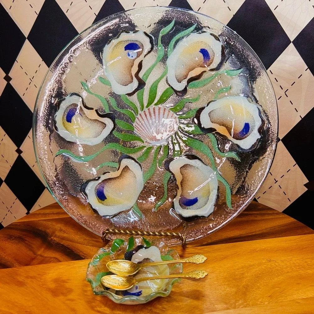 Oyster Shell Motif Fused Glass Platter & Bowl Set — Iridescent Coastal Art Glass - Picture 10 of 16